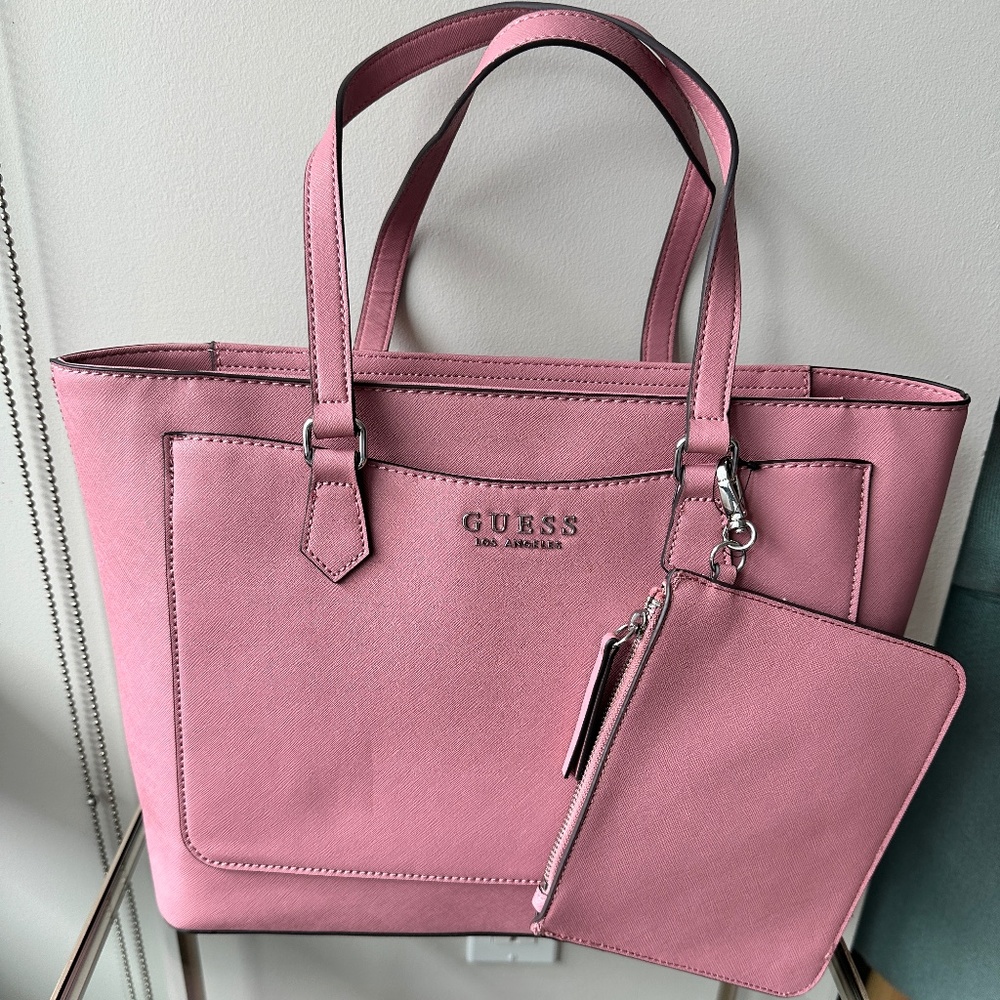 PINK GUESS LEATHER TOTE BAG WITH WRISTLET